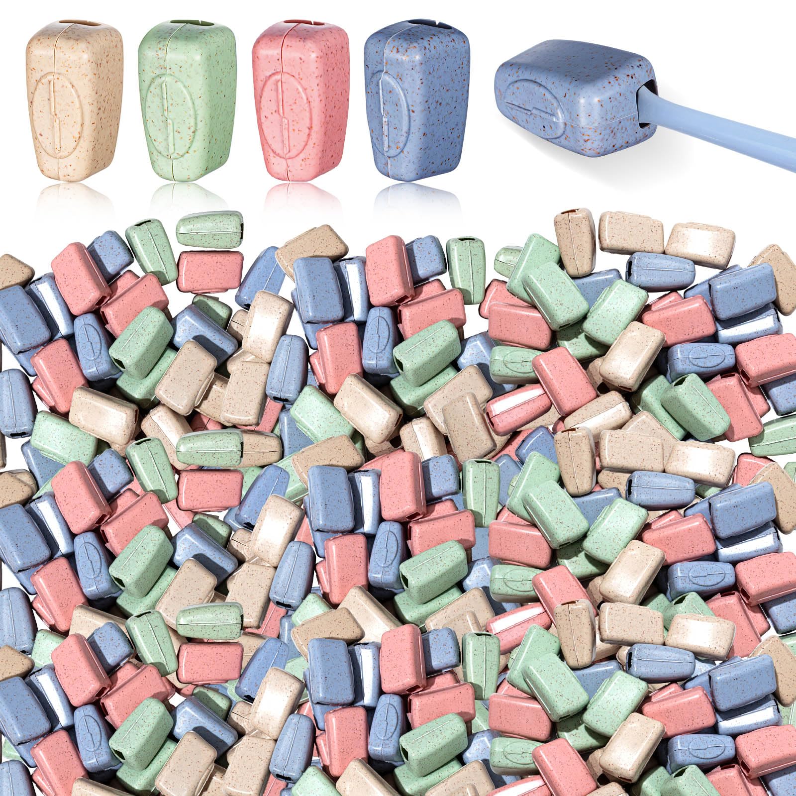 Willinglong 200-pack toothbrush covers displayed in blue, pink, nude, and green