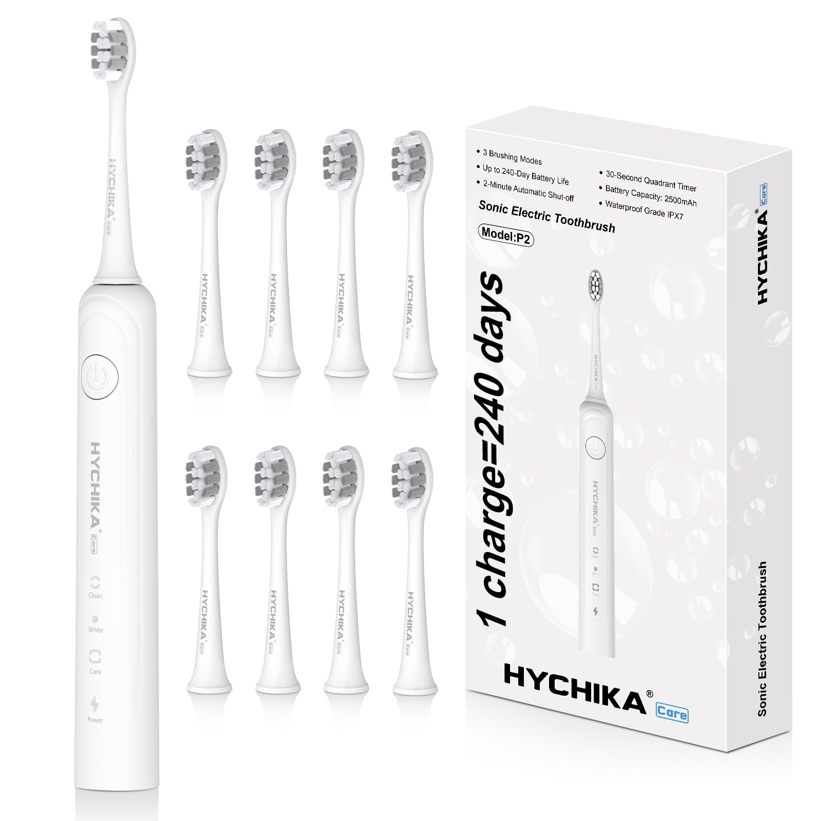 Front view of white rechargeable electric toothbrush
