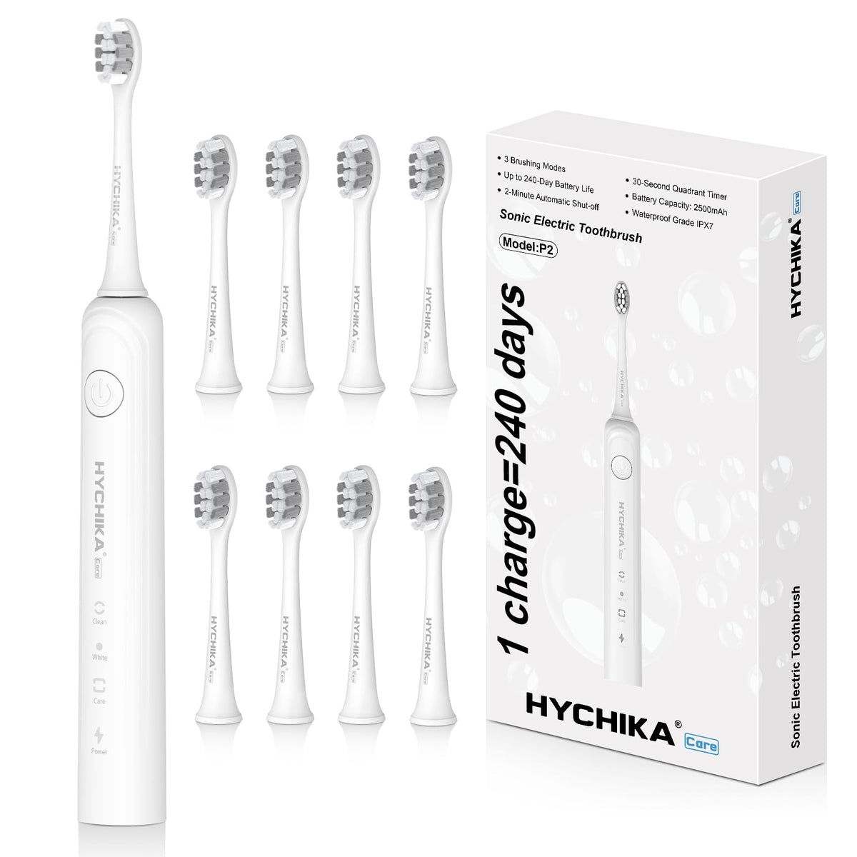 Front view of white rechargeable electric toothbrush
