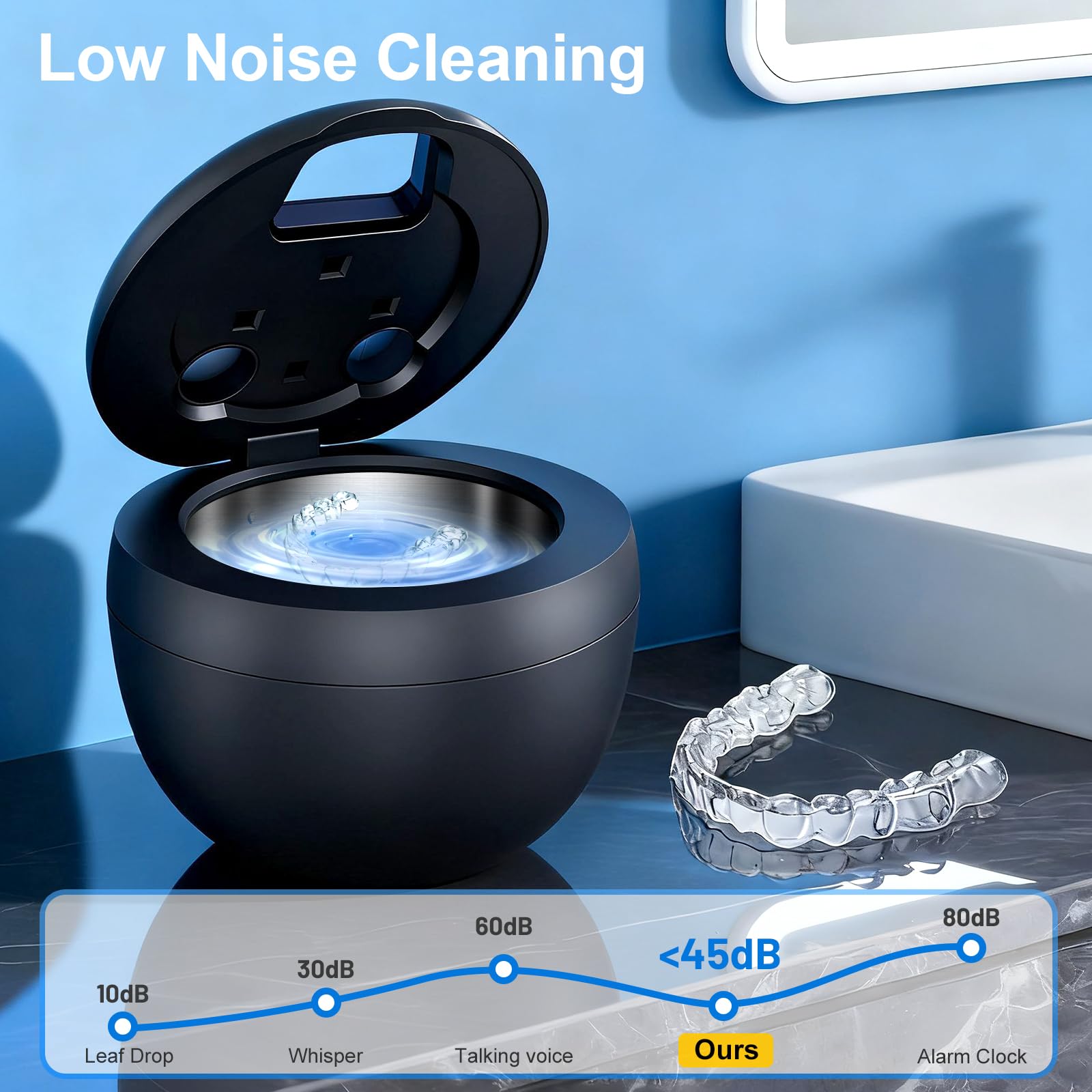 Includes cleaning modes for toothbrush heads and long items