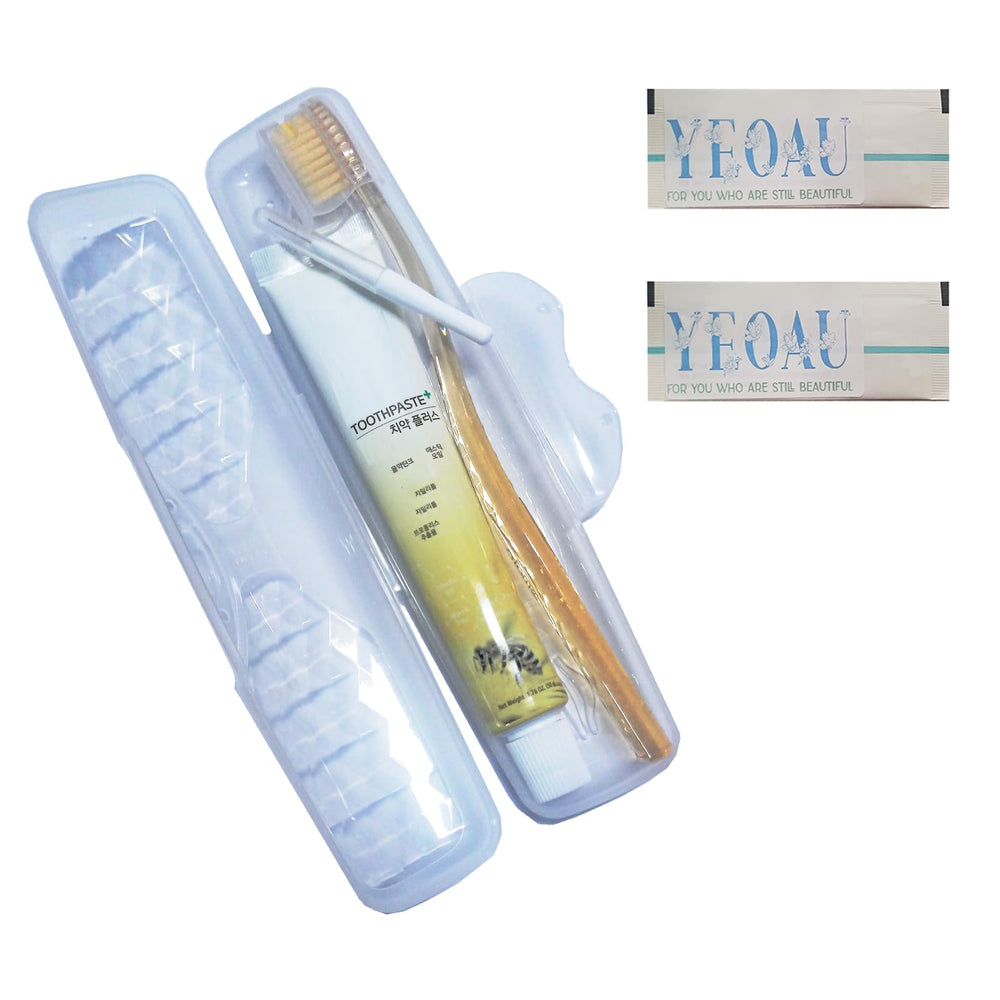 Yellow A.T.O.M.Y travel toothbrush package with compact case