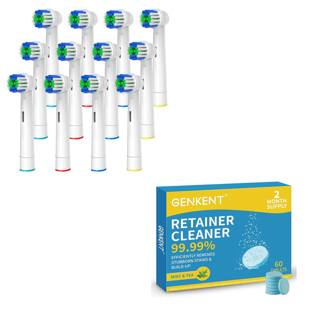 Toothbrush replacement heads 12-pack with cleaning tablets for Oral-B electric toothbrushes, includes retainer cleaner tablets for mouth guards and aligners