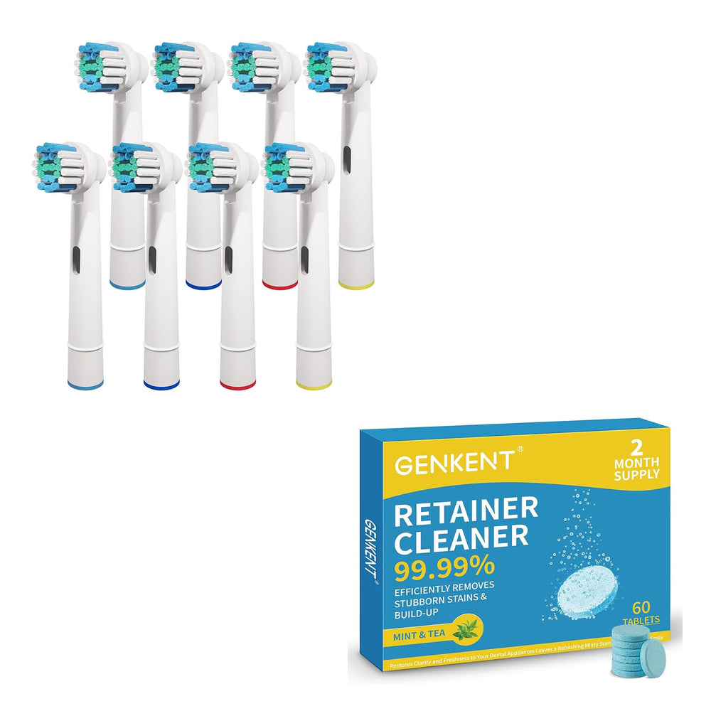 Oral-B compatible toothbrush replacement heads (8-pack) with cleaning tablets for retainers, aligners, night guards, and mouth guards