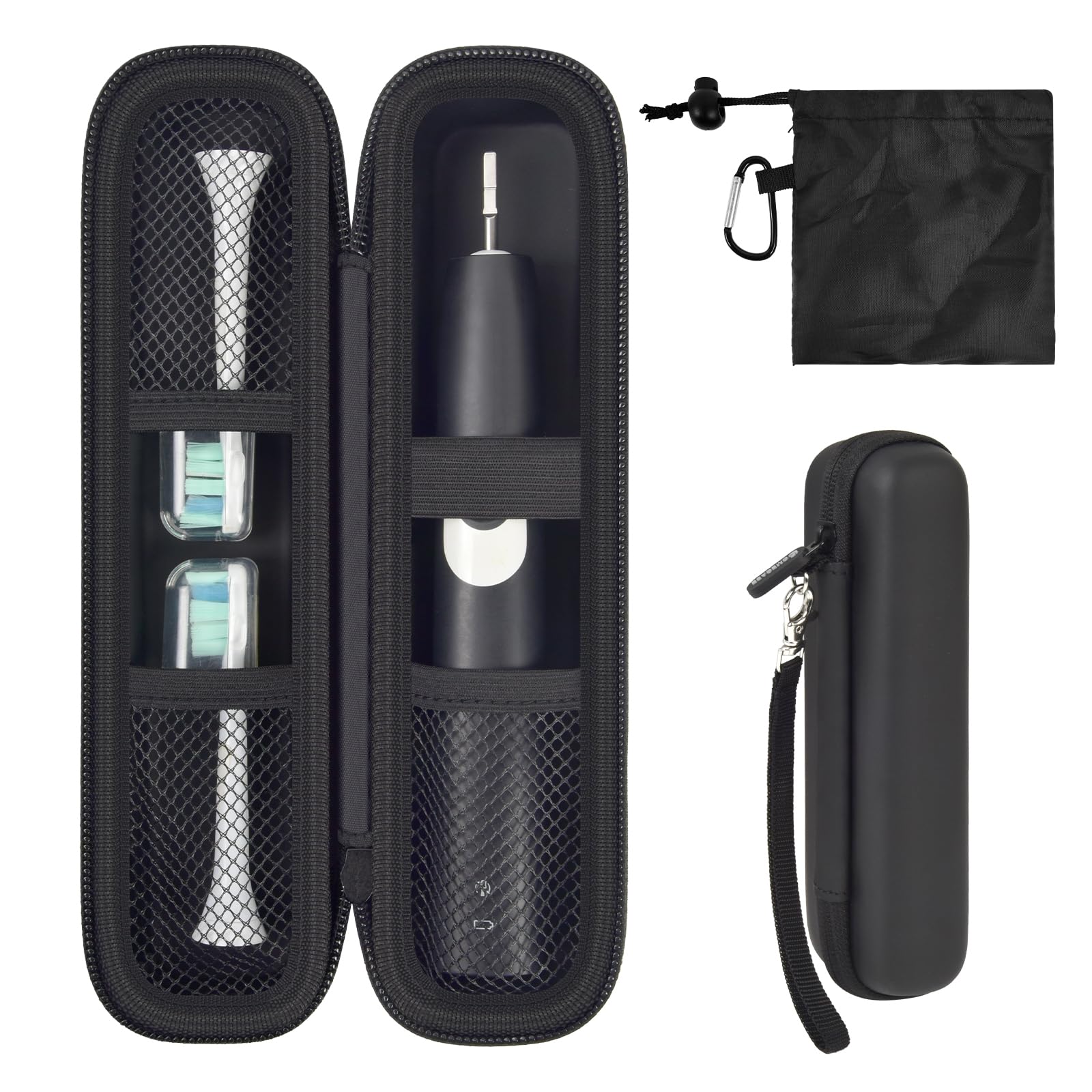 Front view of black toothbrush travel hard case with mesh pockets