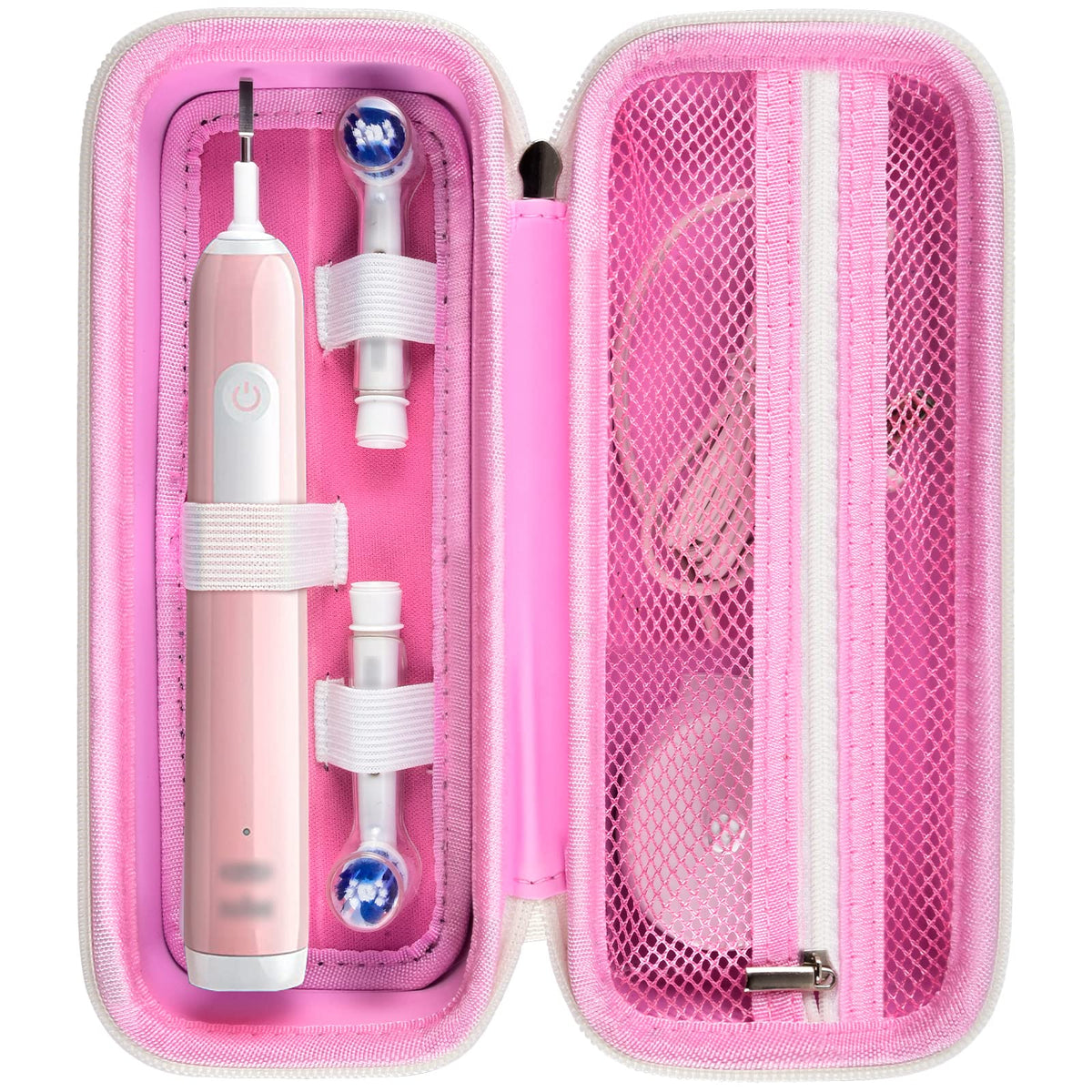 Pink toothbrush travel case with exterior handle