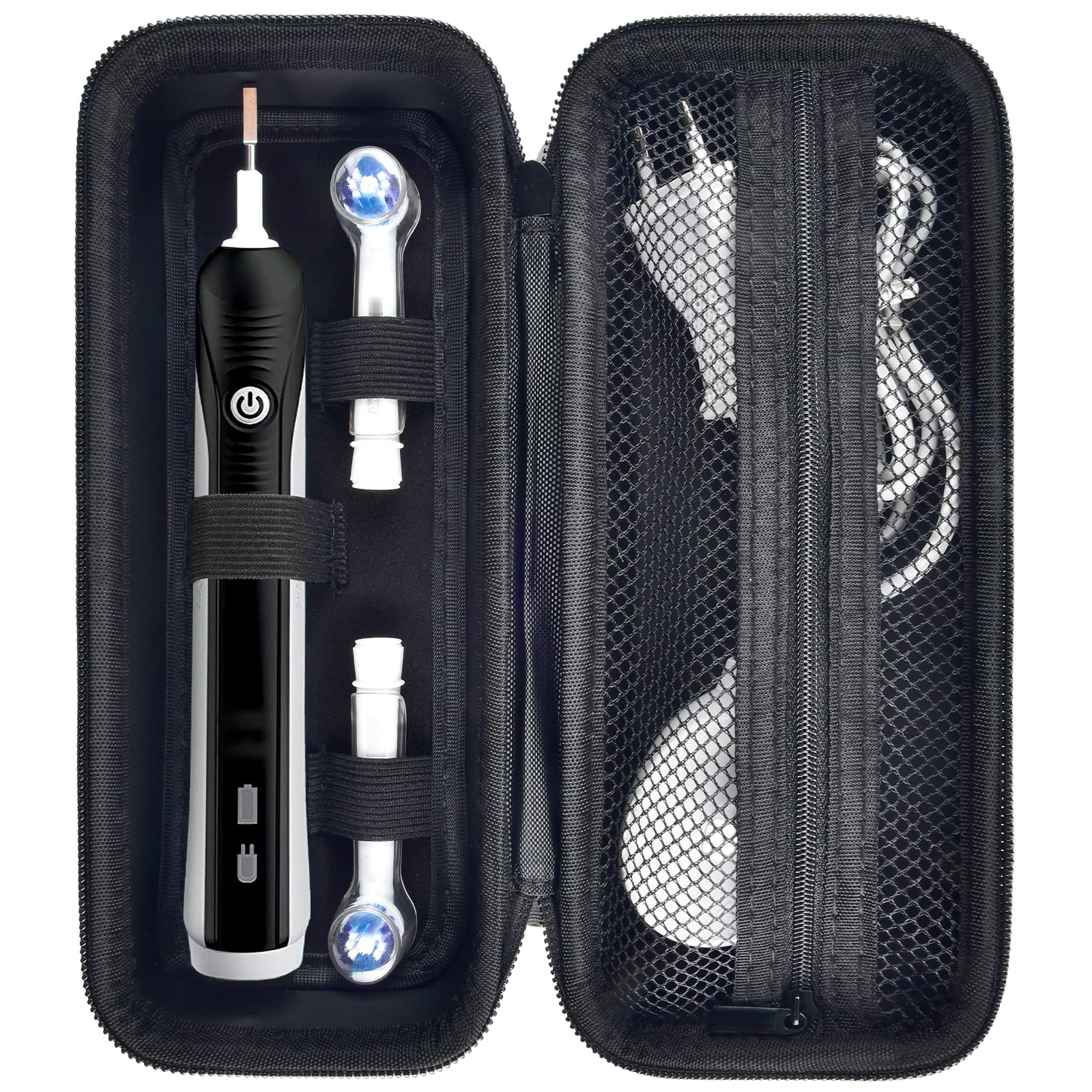 Front view of black toothbrush travel case with handle