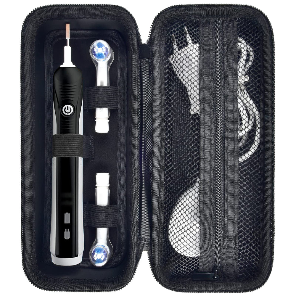 Front view of black toothbrush travel case with handle