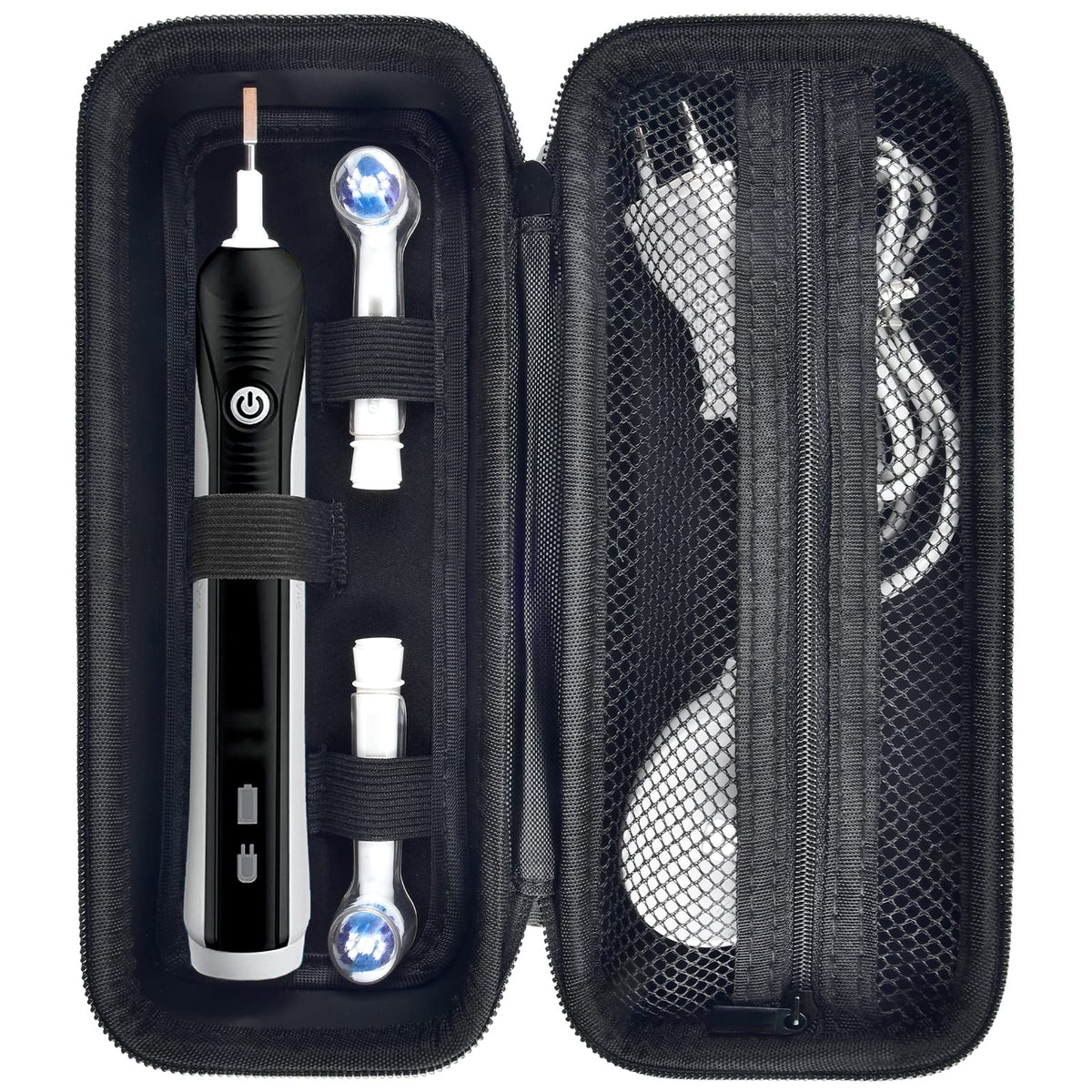 Front view of black toothbrush travel case with handle