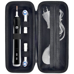 Front view of black toothbrush travel case with handle