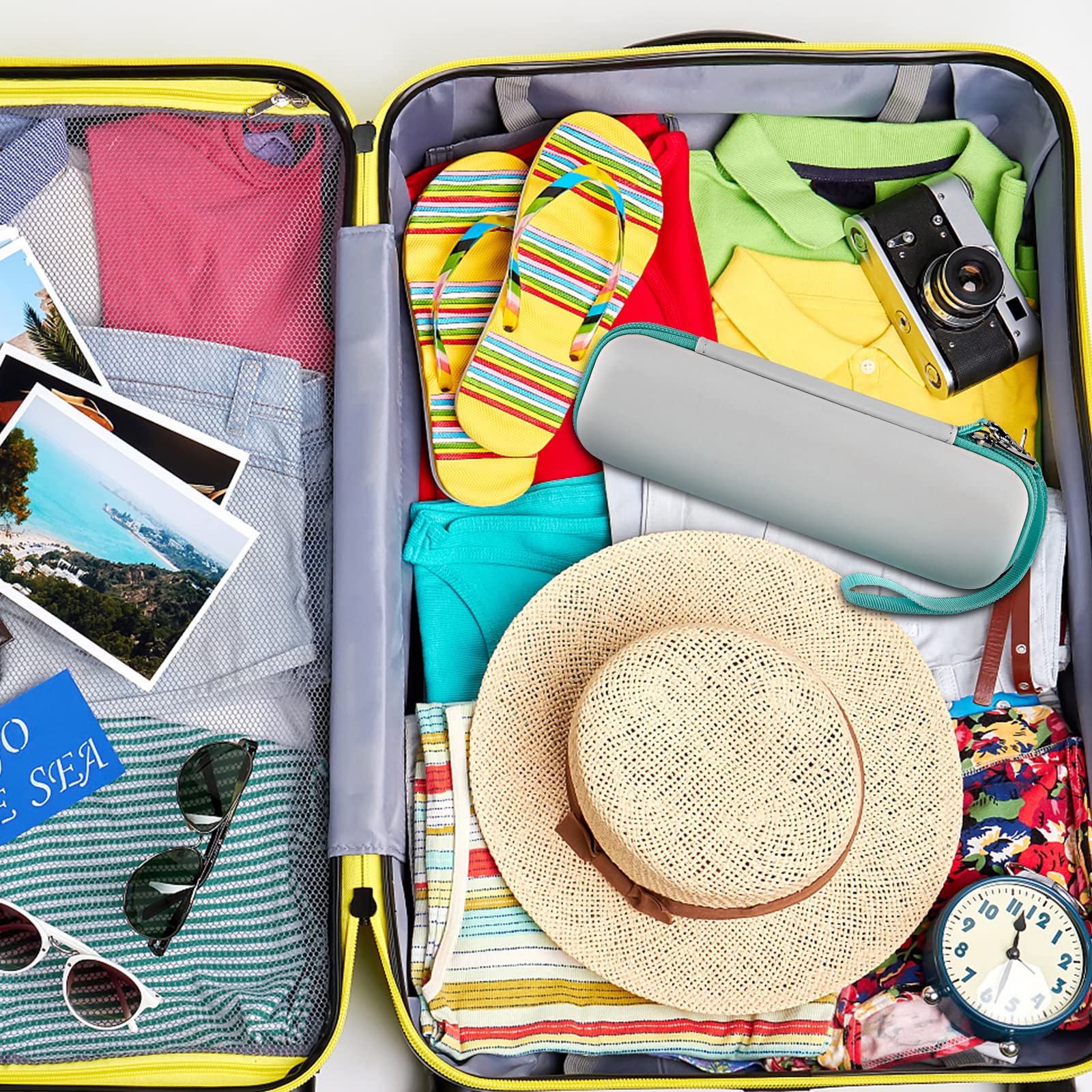 Lifestyle shot of the white travel case on a surface