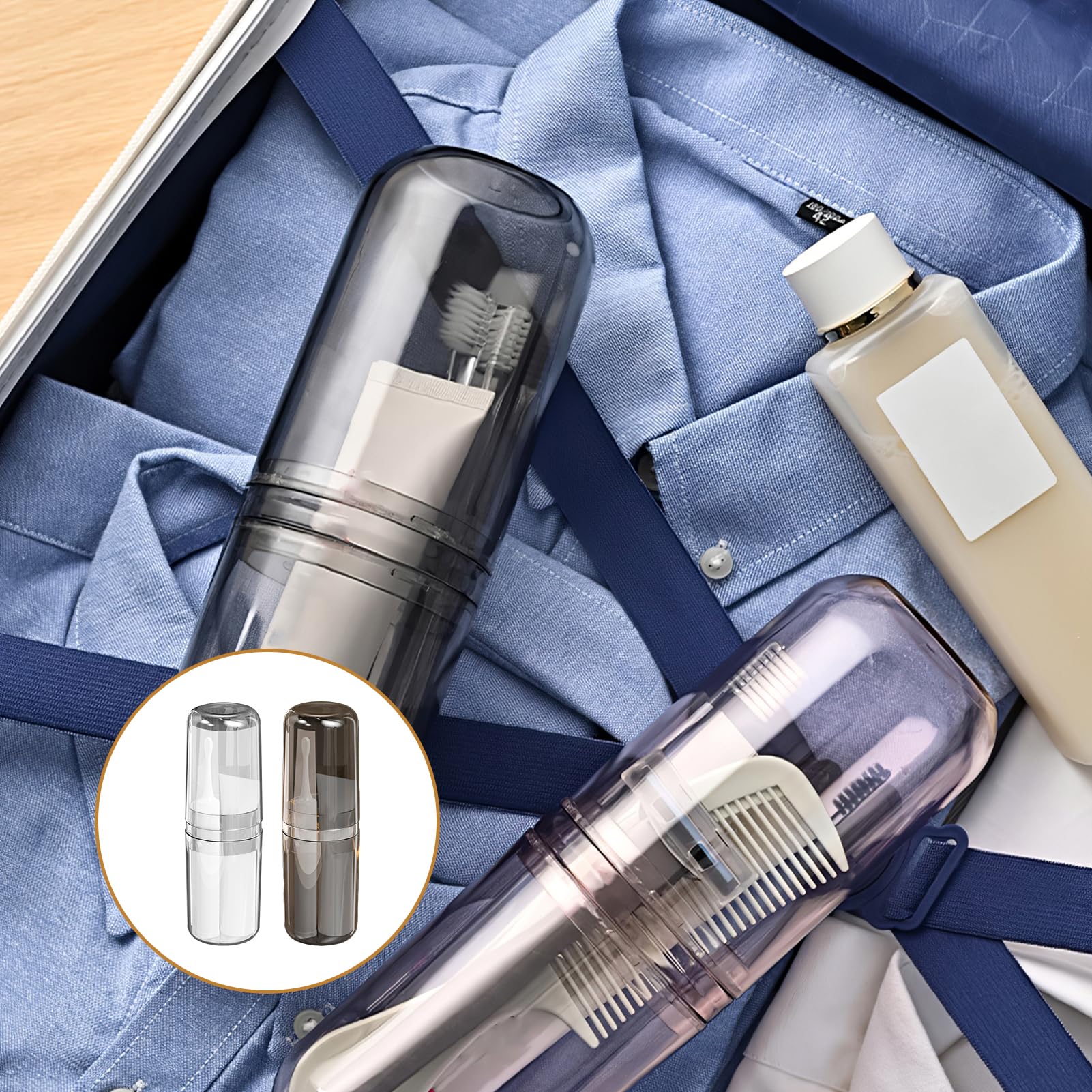 Travel-ready setup with case beside toiletries and luggage