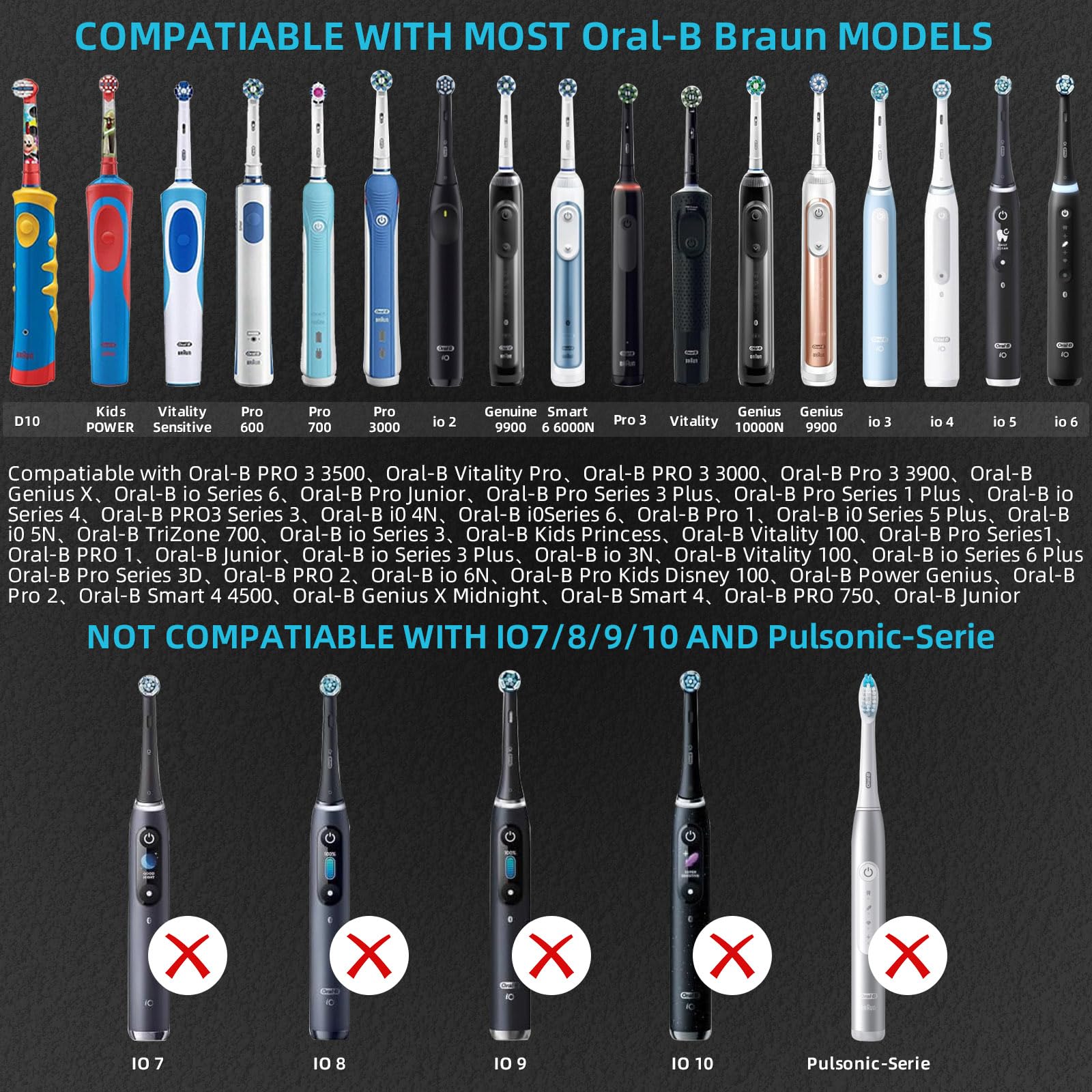 List of compatible Oral-B and Braun models including D12, S12, D29, 3709 and 8000