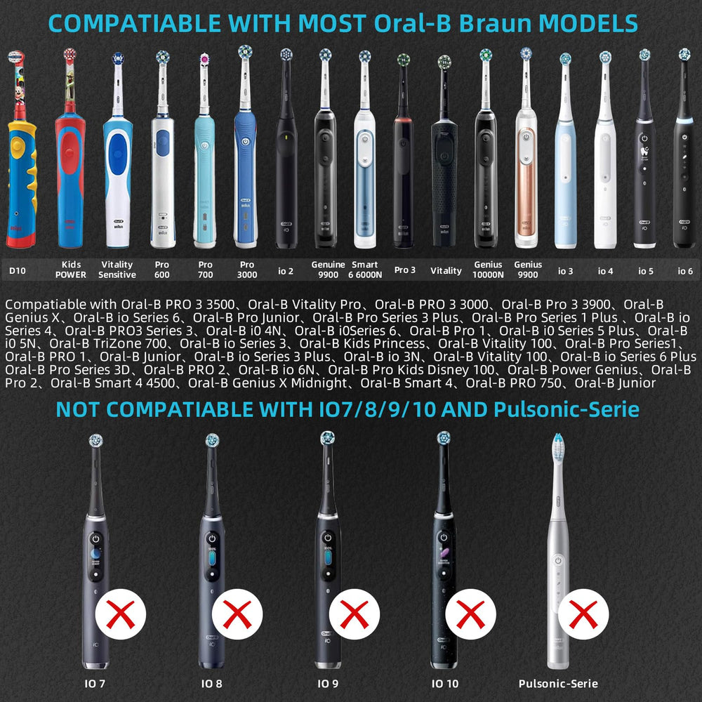 List of compatible Oral-B and Braun models including D12, S12, D29, 3709 and 8000