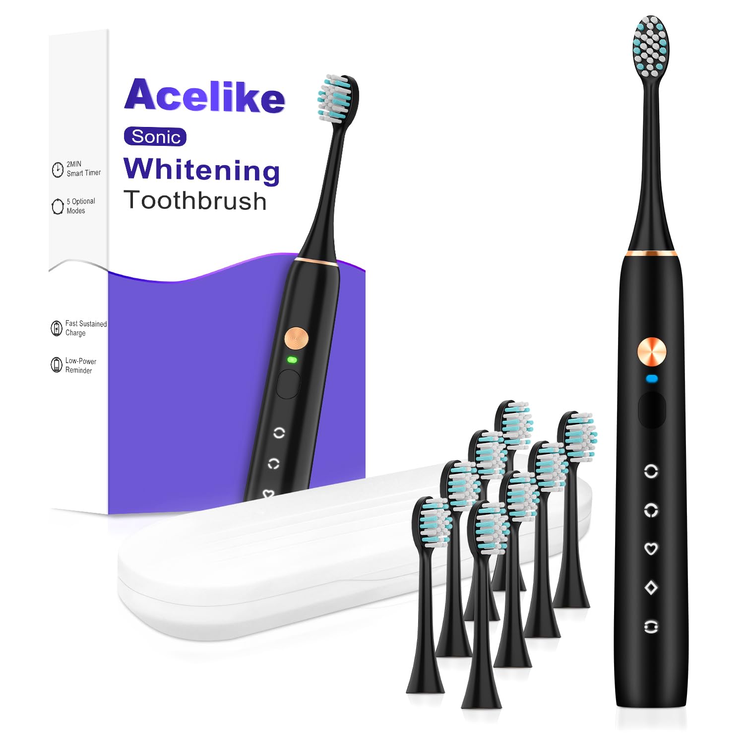Front view of whitening electric toothbrush in black