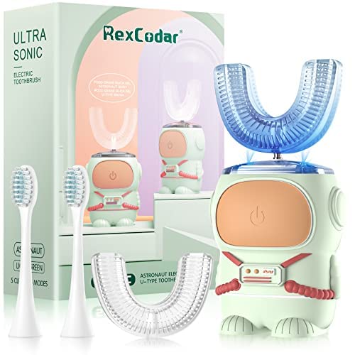 Ultrasonic U-shaped kids toothbrush green cartoon astronaut front view for ages 6-12