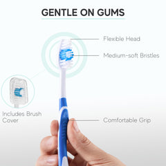 White-handled toothbrush with a large head and medium bristles