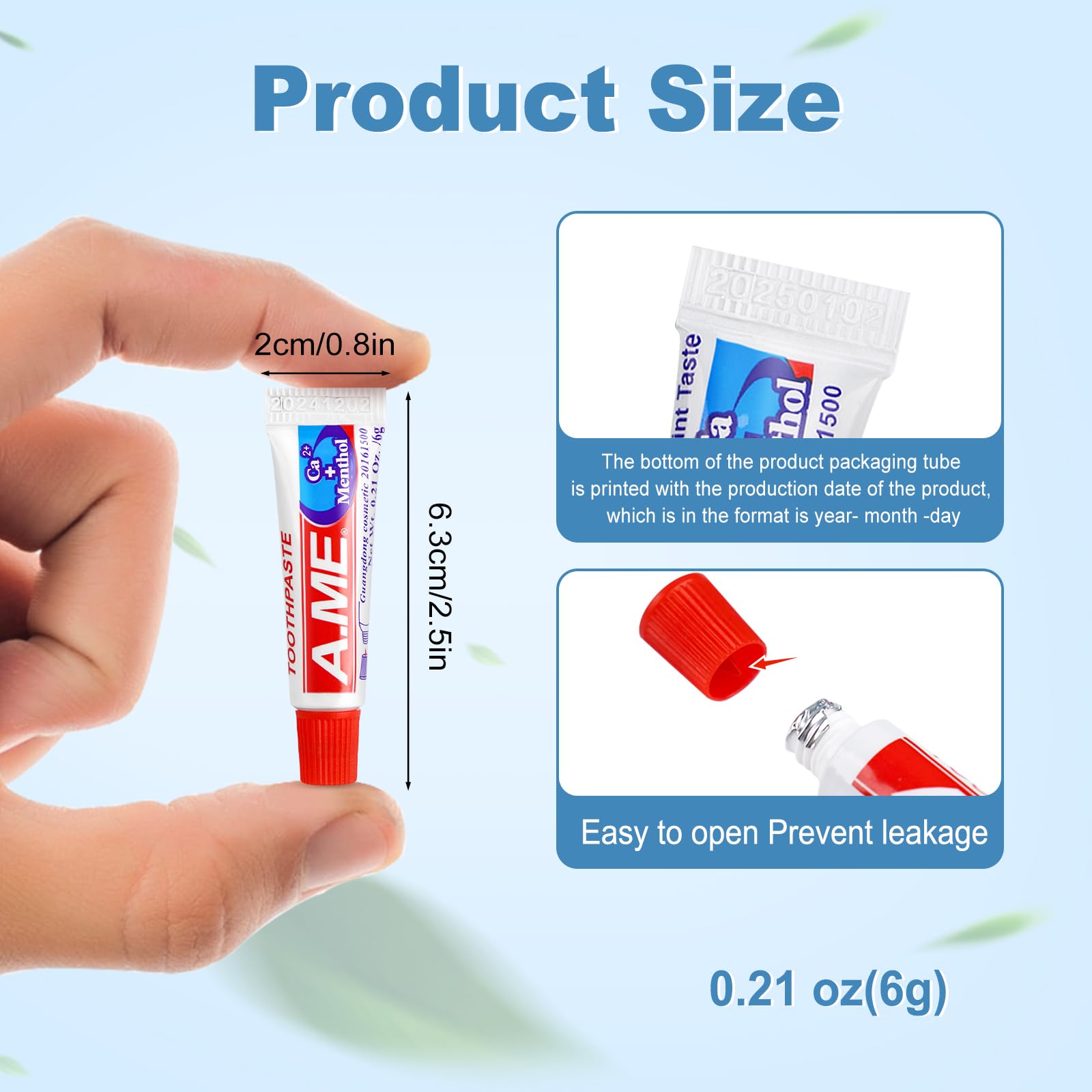 Pocket-size toothpaste tube measuring 0.8 x 2.5 inches