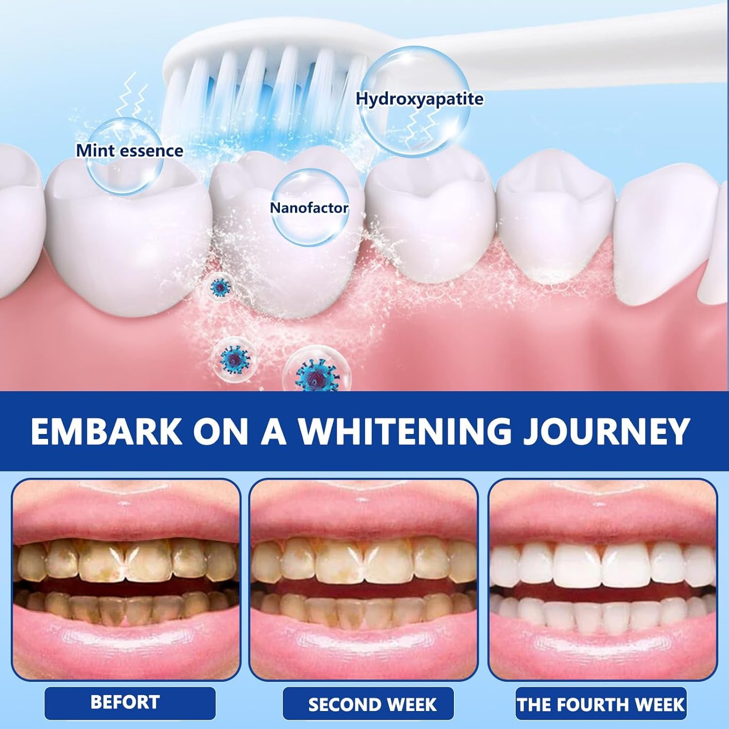 Close-up of toothpaste tube highlighting nano hydroxyapatite formula for enamel protection