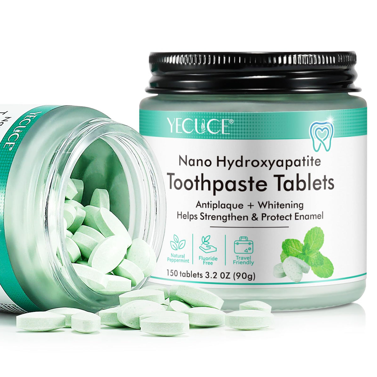 Toothpaste tablets in a glass jar packaging