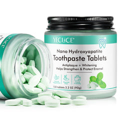 Toothpaste tablets in a glass jar packaging