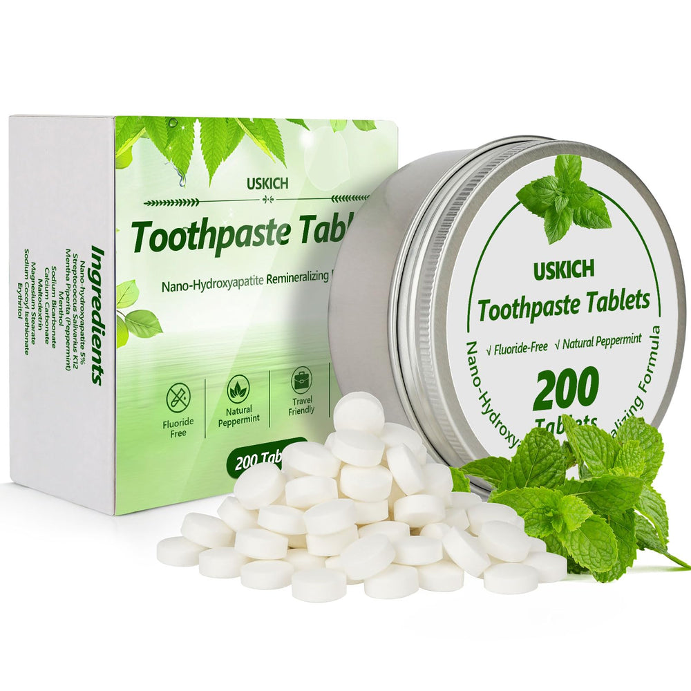 Bottle of 200 toothpaste tablets with recyclable packaging