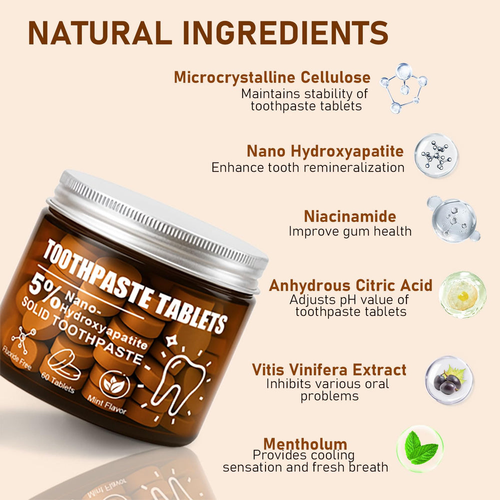 Toothpaste tablets labeled 5% nano-hydroxyapatite and niacinamide