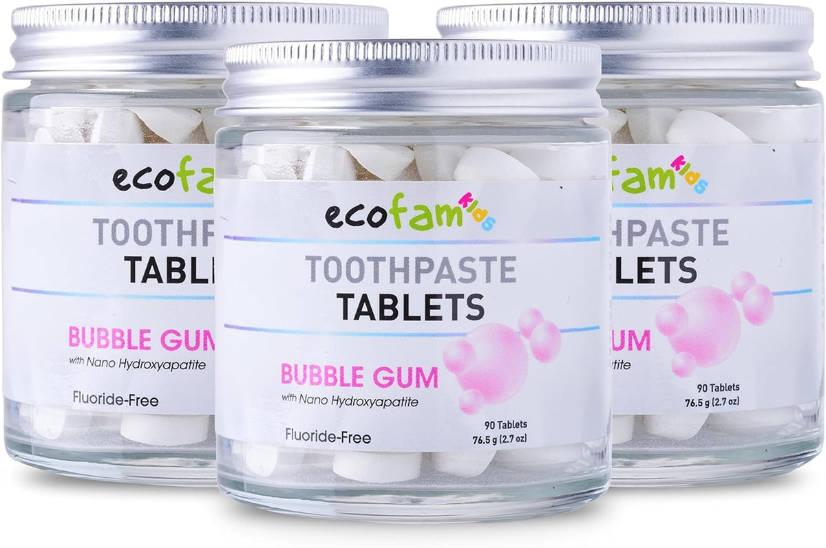 Bubblegum flavor toothpaste tablets in a glass jar (hero image)