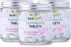Bubblegum flavor toothpaste tablets in a glass jar (hero image)