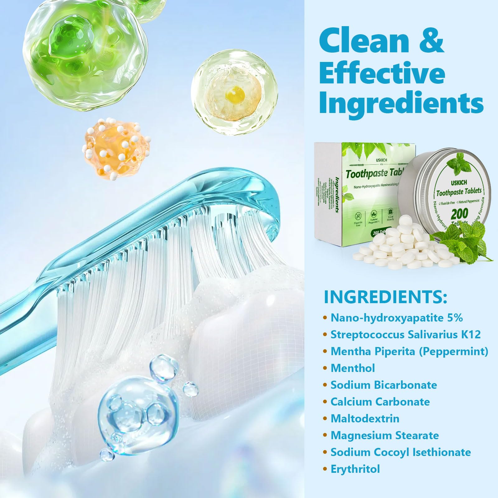 Toothpaste tablet dissolving in mouth showing nano hydroxyapatite whitening