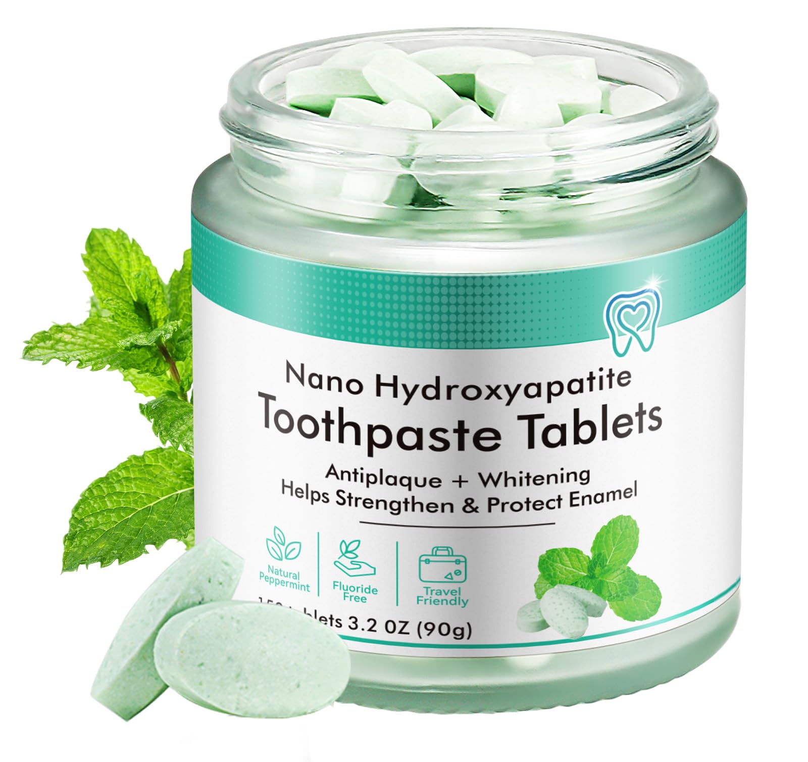 Toothpaste tablets with natural peppermint flavor in packaging