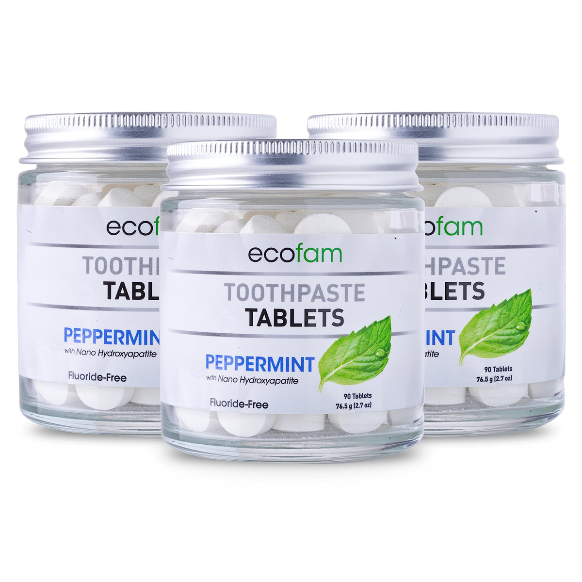 Peppermint nano hydroxyapatite toothpaste tablets in a glass jar