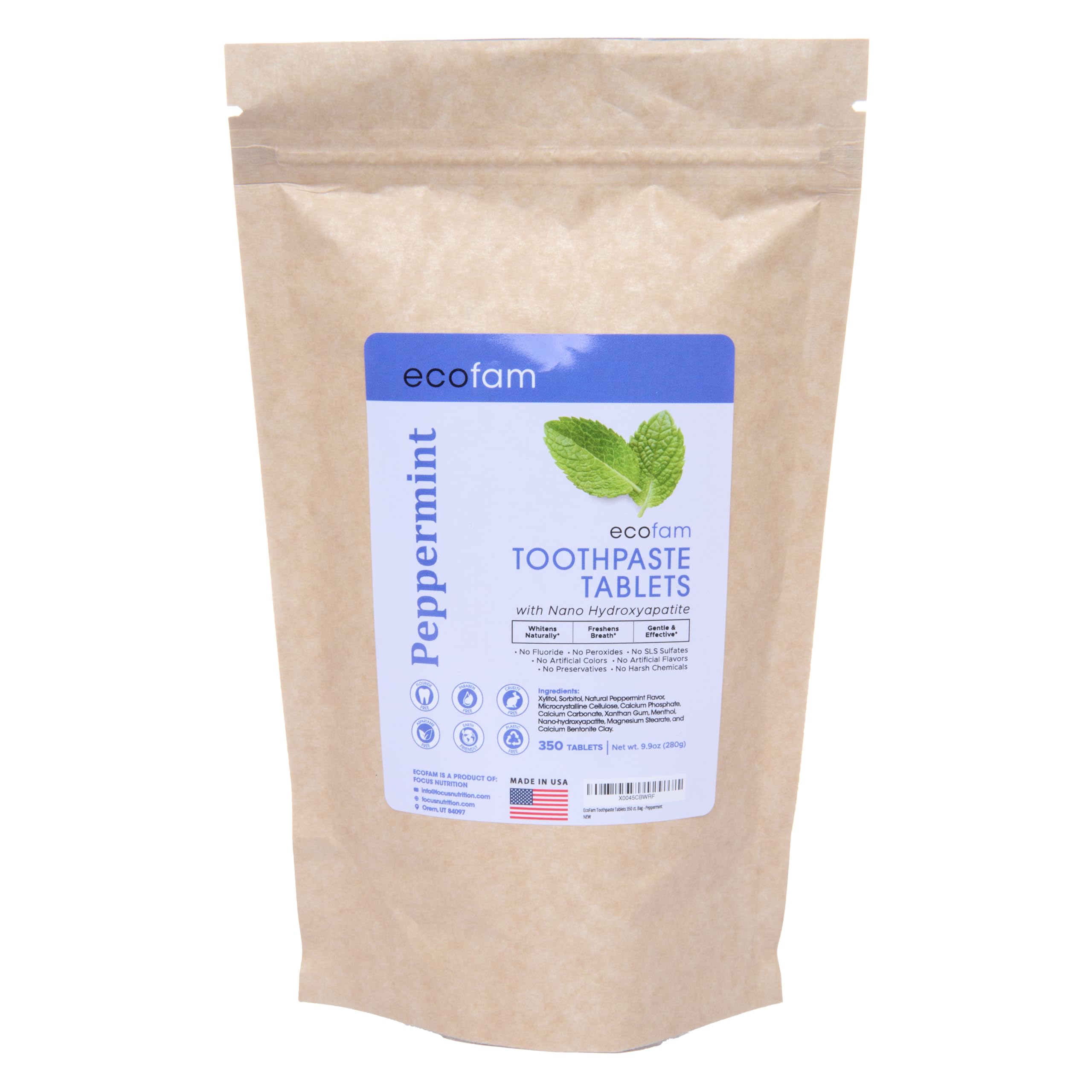 Peppermint toothpaste tablets in a 350-count bulk bag by Ecofam