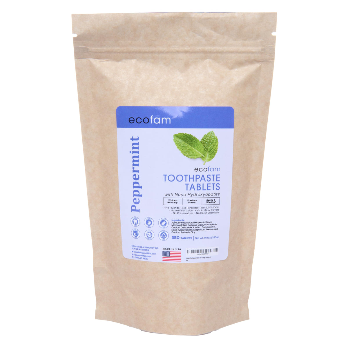 Peppermint toothpaste tablets in a 350-count bulk bag by Ecofam