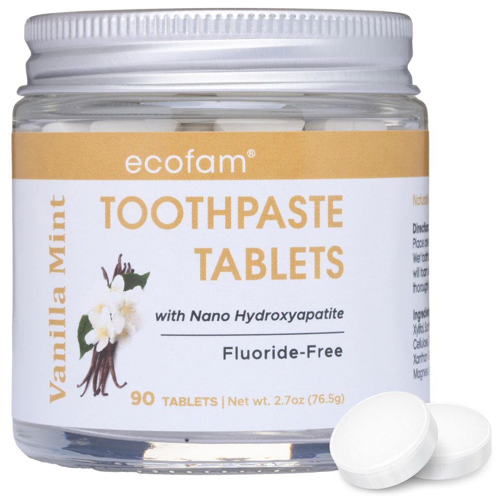 Vanilla Mint toothpaste tablets in a reusable glass jar