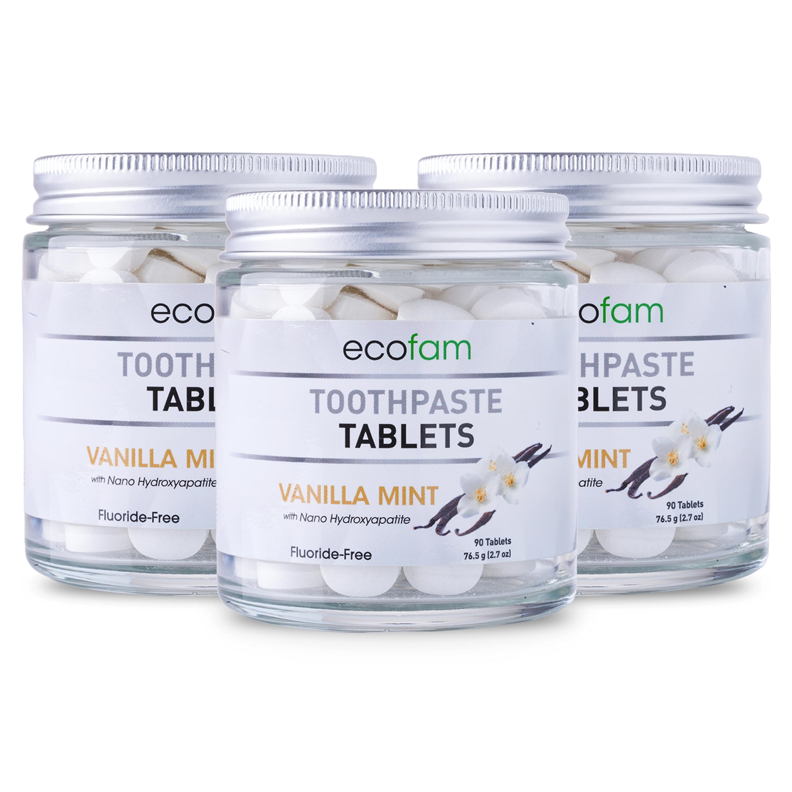 Vanilla Mint Nano Hydroxyapatite toothpaste tablets in a glass jar