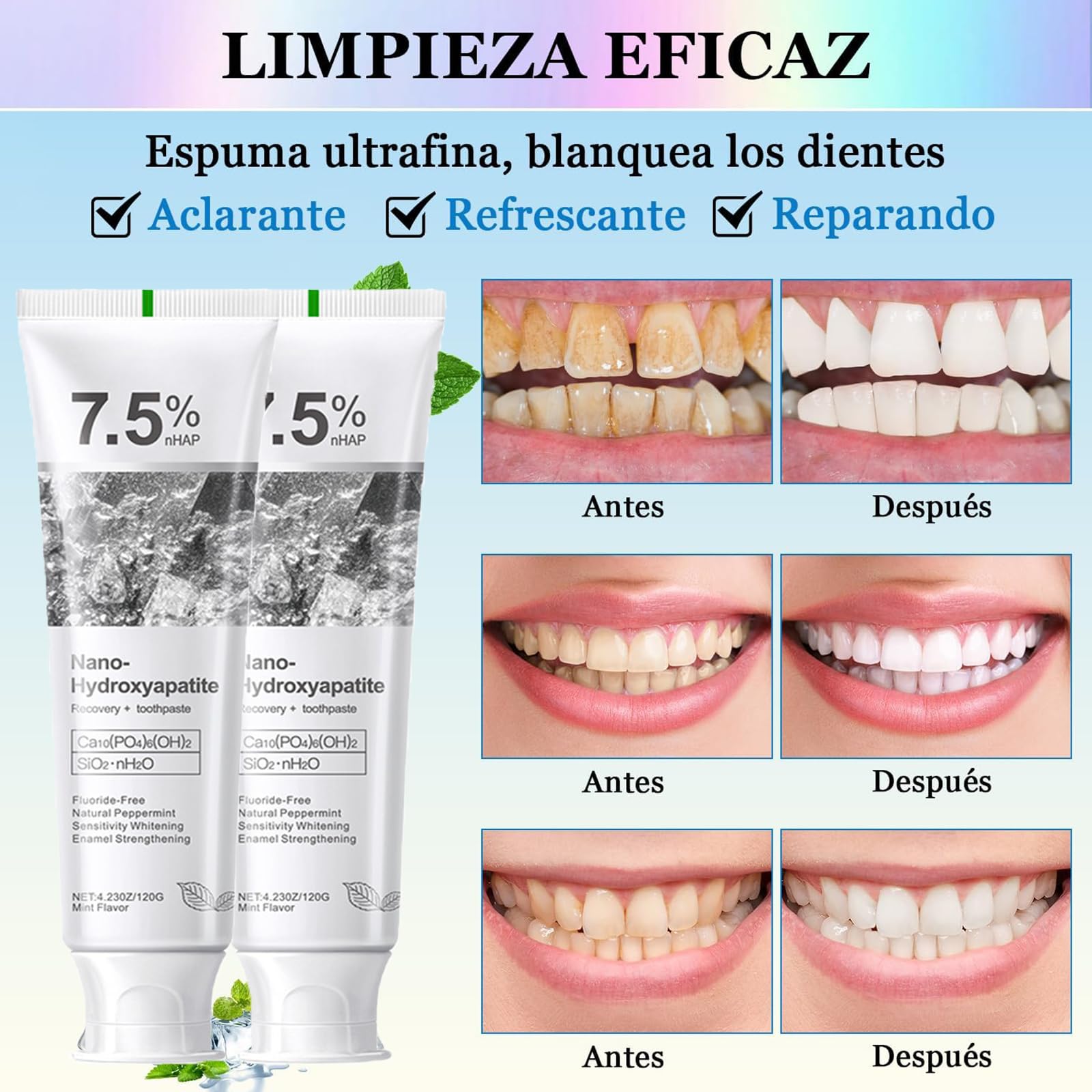 Mint-flavored hydroxyapatite toothpaste tube