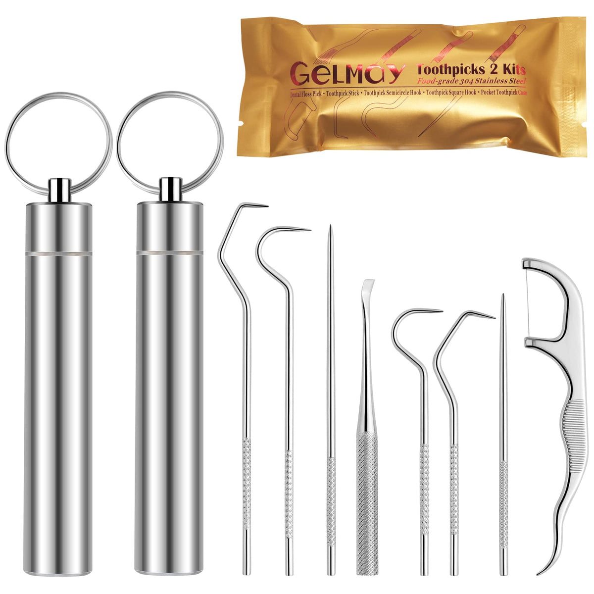 Portable Toothpicks Pocket Set with reusable flossers and aluminum holder case