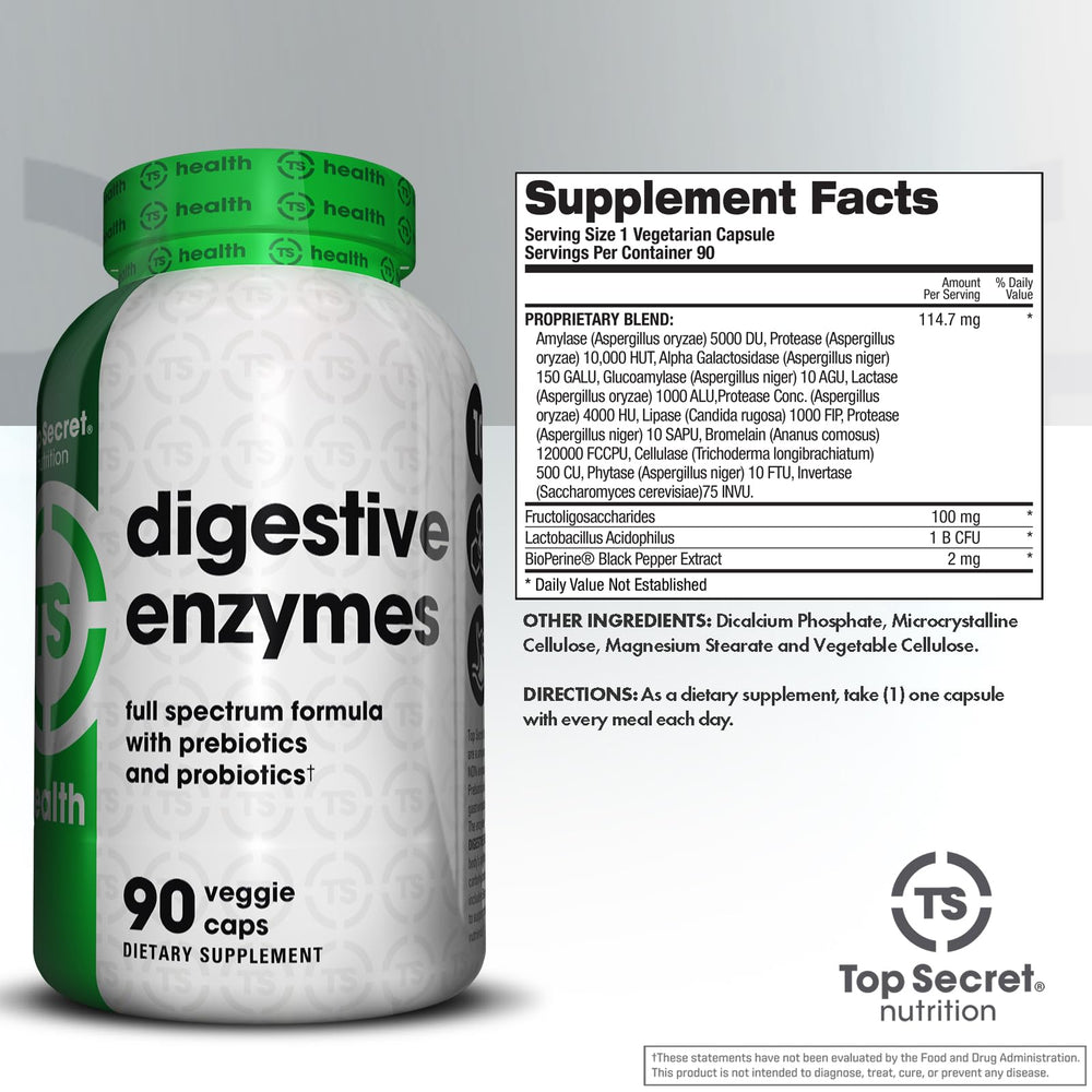 Close-up of product label showing 10 enzymes and full spectrum prebiotics and probiotics