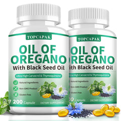Product image: TOPCAPAK Oil of Oregano with Black Seed Oil softgels bottle