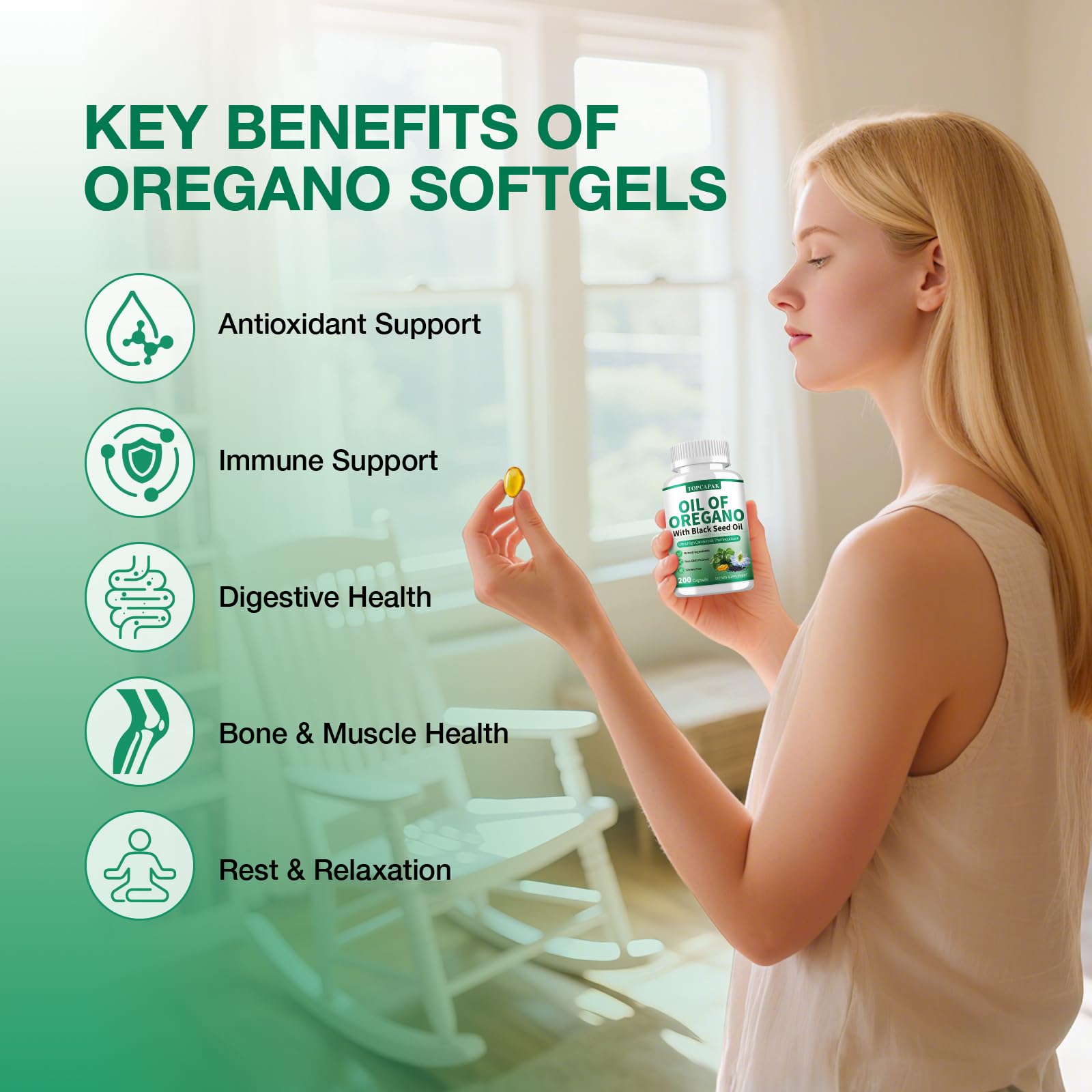 Close-up of TOPCAPAK oregano oil softgels capsules