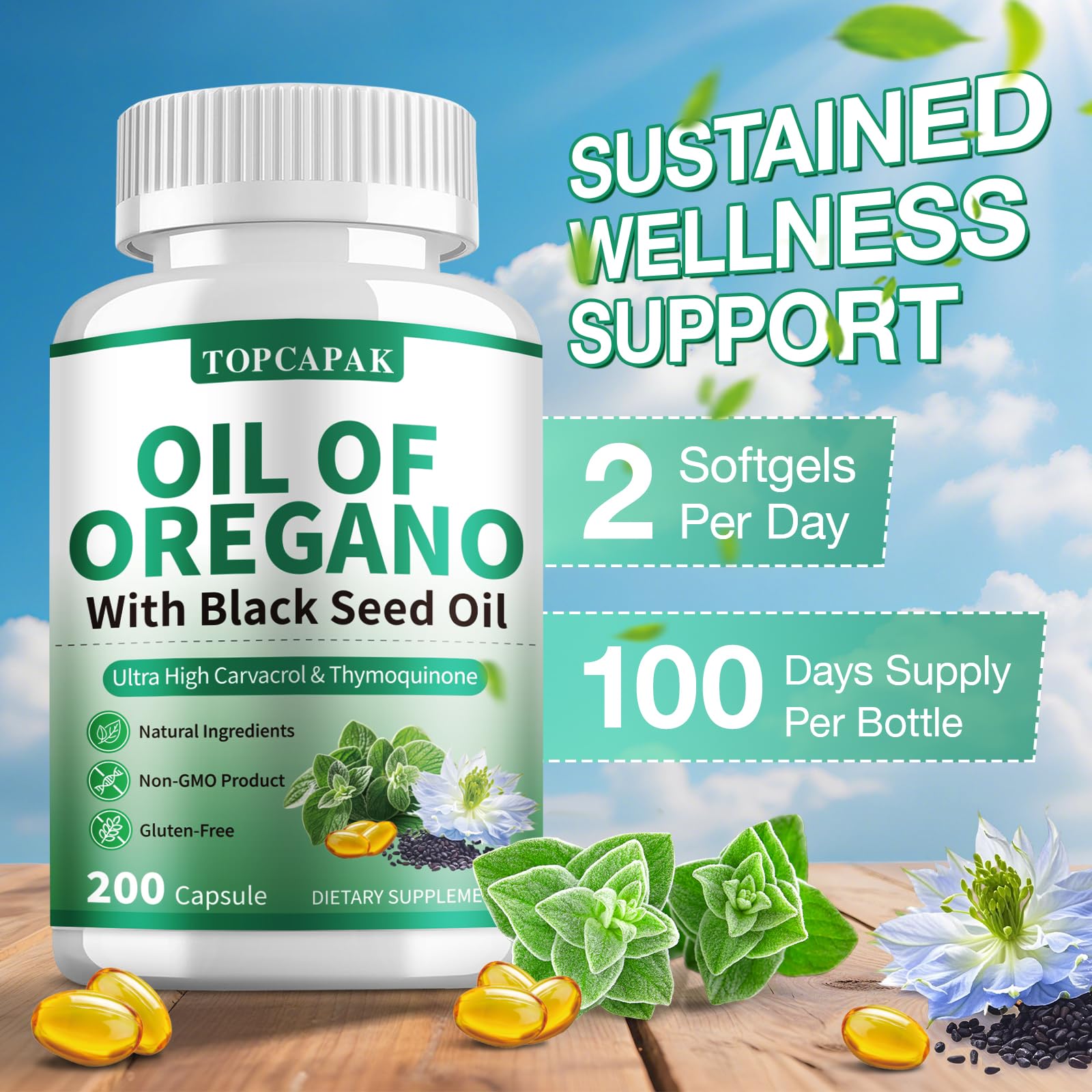 Oregano oil and black seed oil supplement bottle label highlighting Carvacrol and Thymoquinone