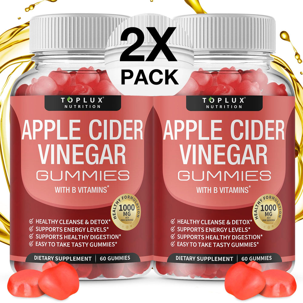 Toplux Apple Cider Vinegar Gummies bottle highlights 1000mg ACV per serving for daily vitality