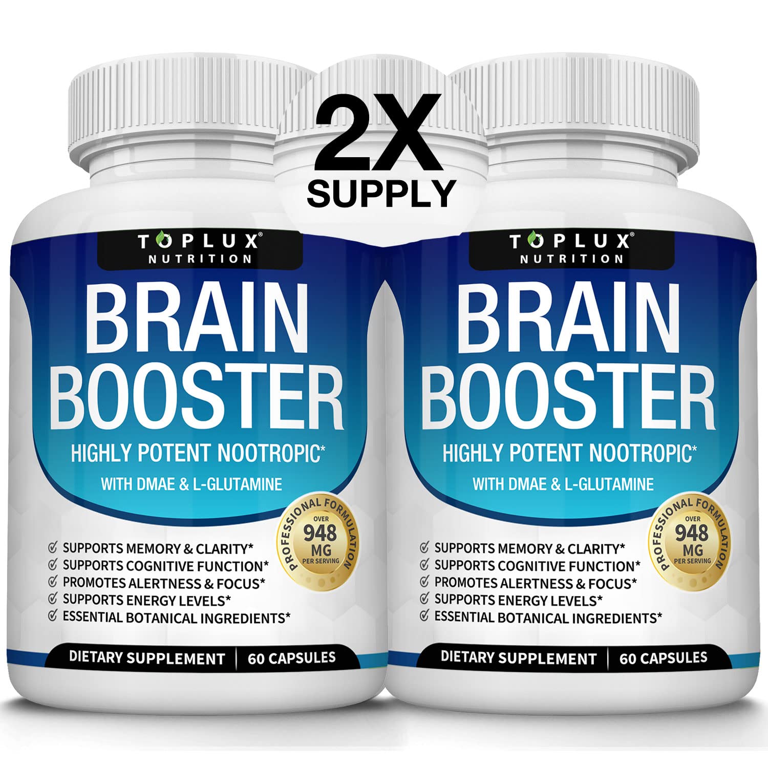 Toplux Brain Supplement bottle and capsules