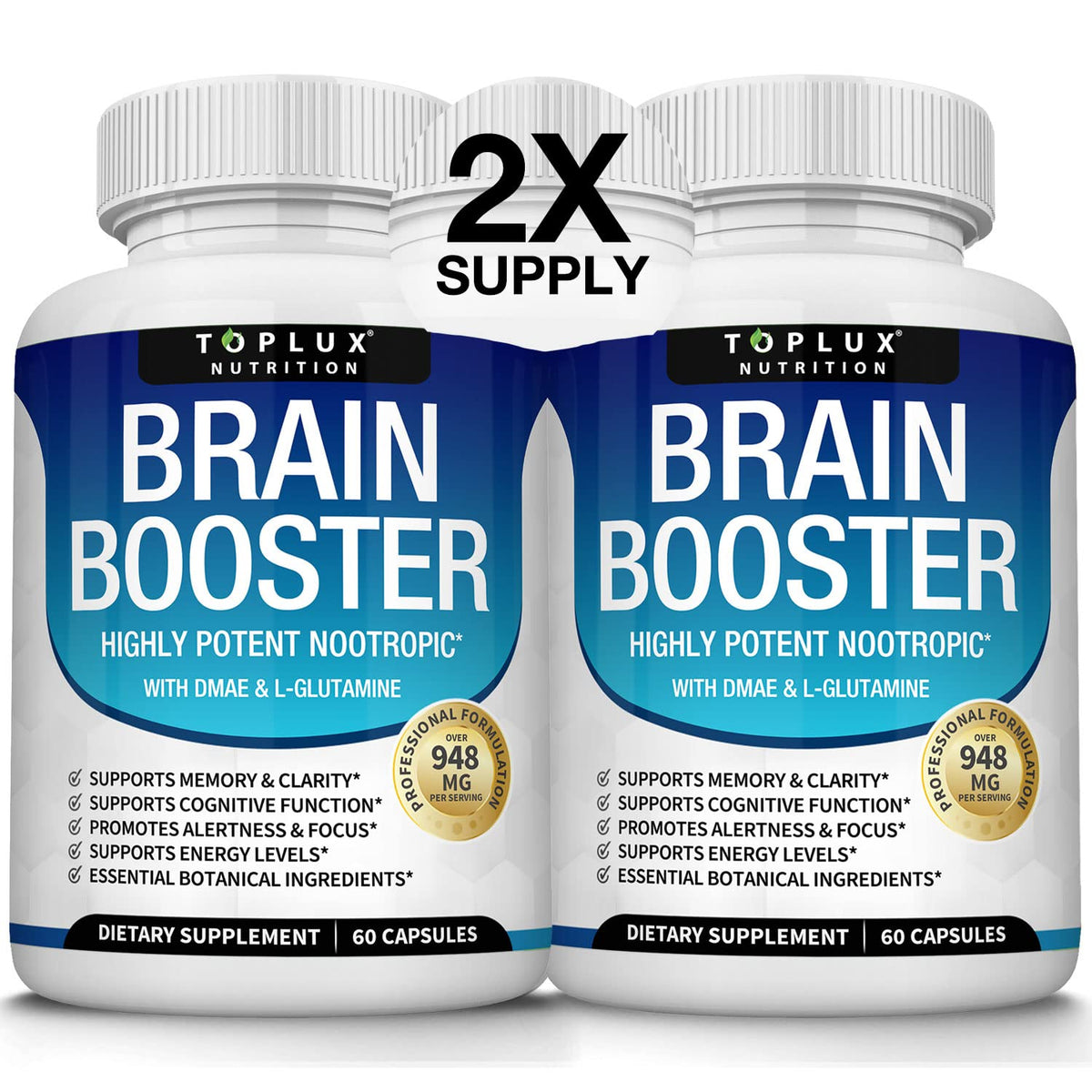 Toplux Brain Supplement bottle and capsules