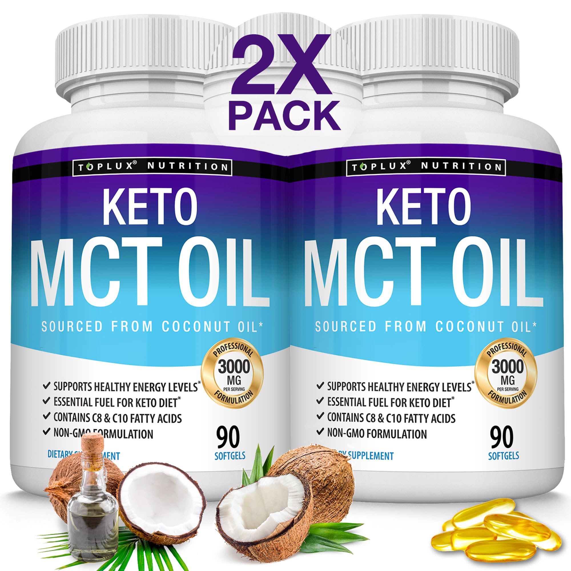 Toplux Keto MCT oil capsules bottle shows convenient energy support for daily keto