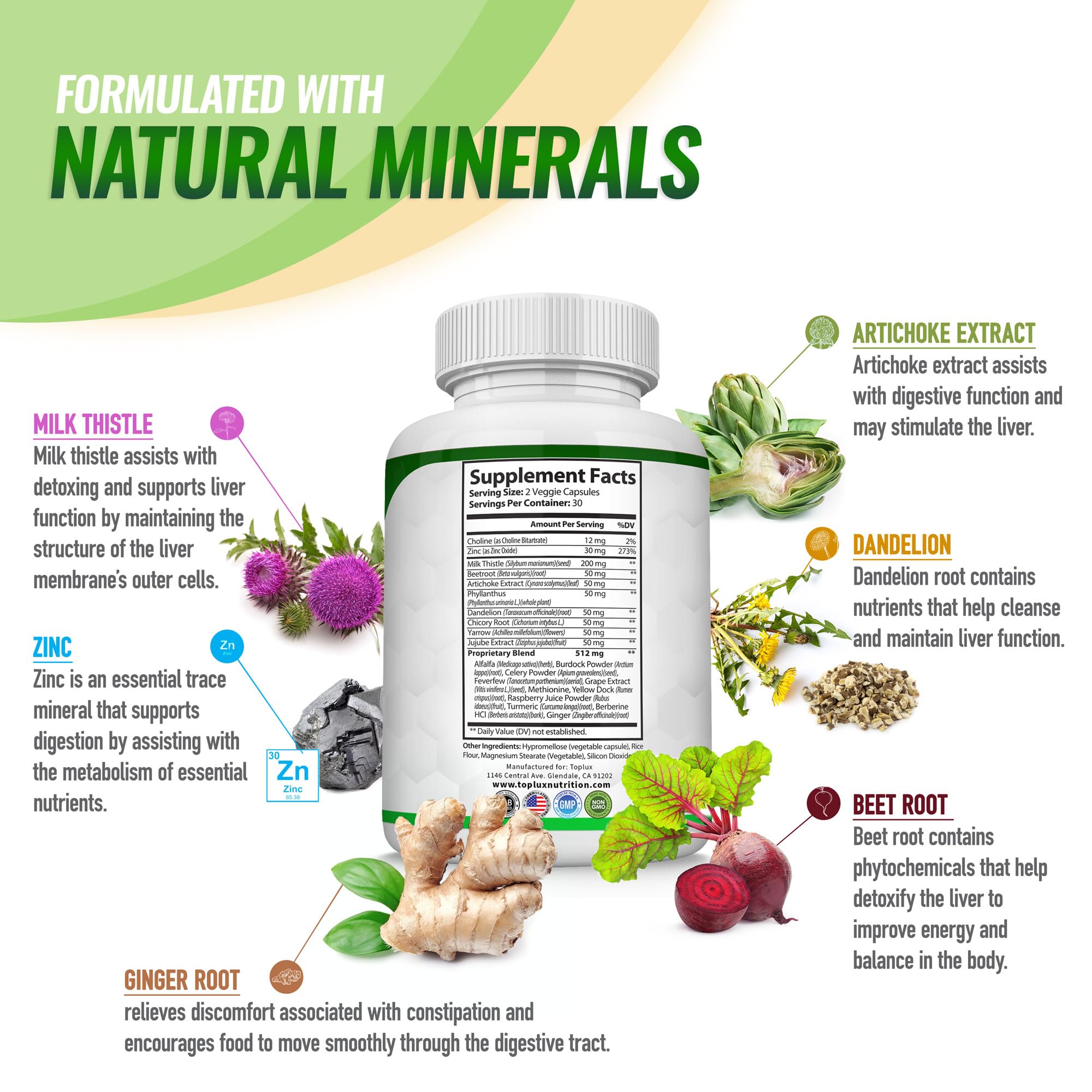 Toplux Liver Detox herbs closeup emphasizes natural detoxifiers for energy.