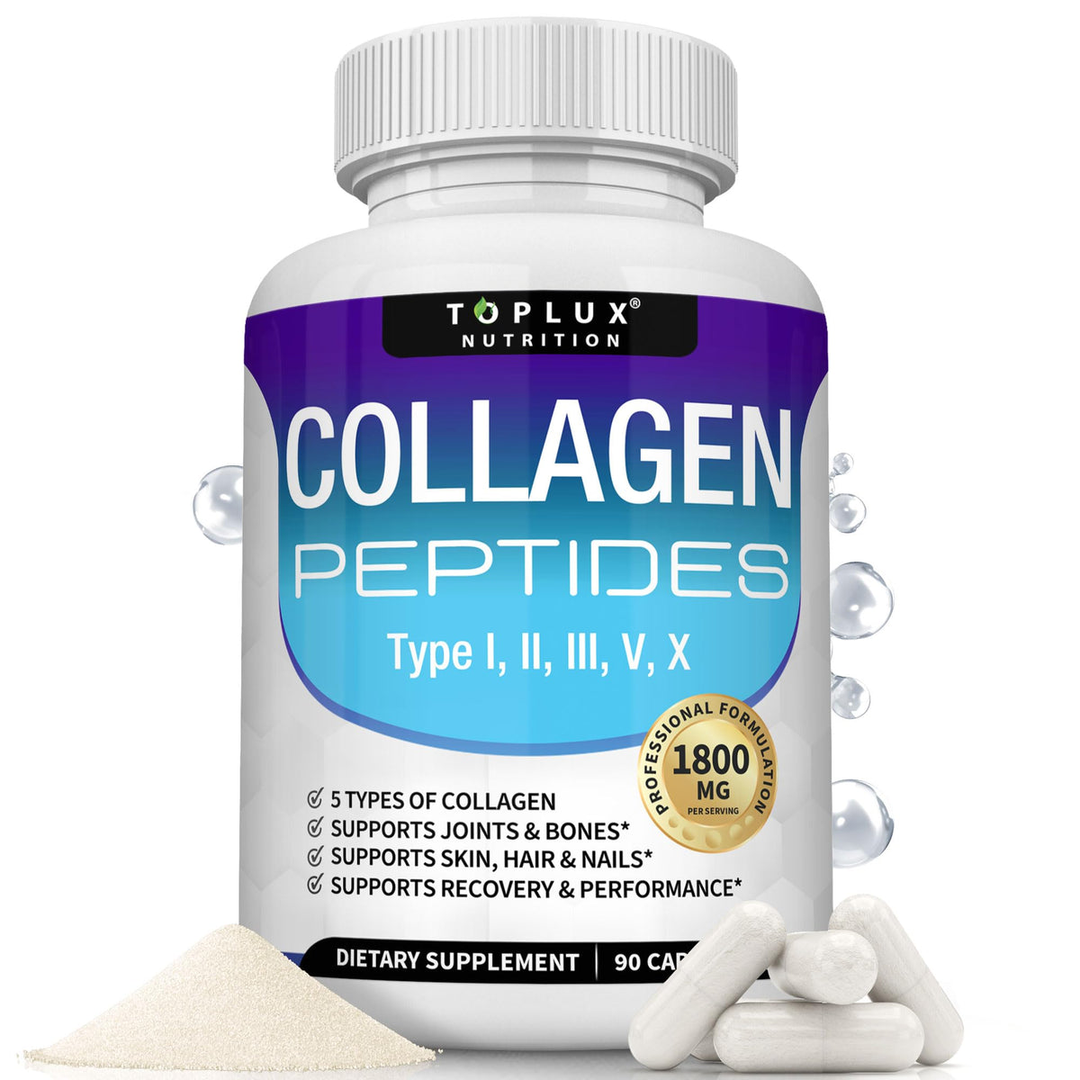 Front bottle of Toplux Multi Collagen Peptides Pills 1800 mg