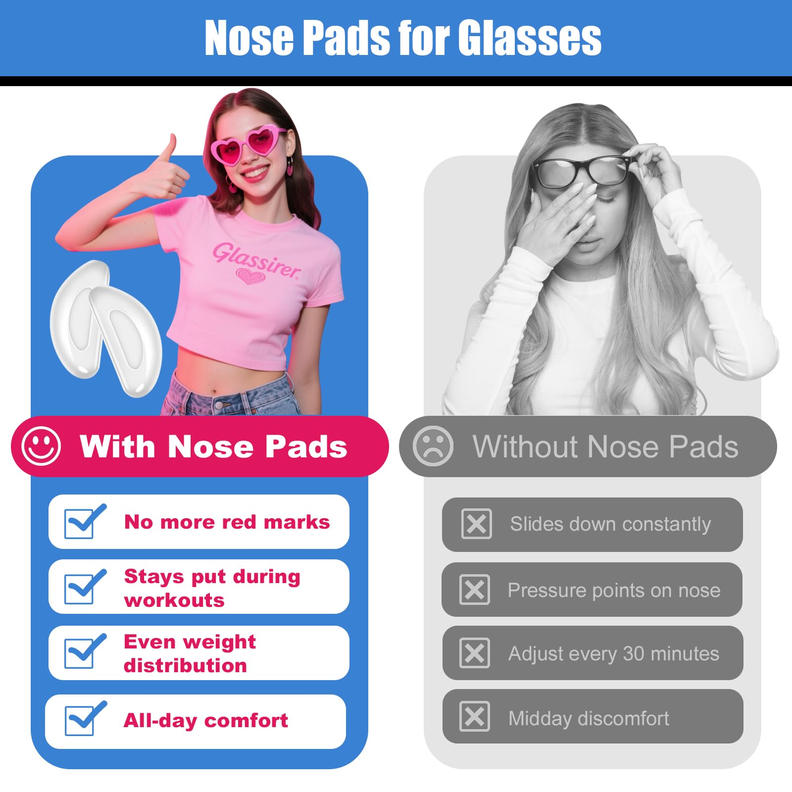 Nose pad showing compatibility with plastic and metal frames