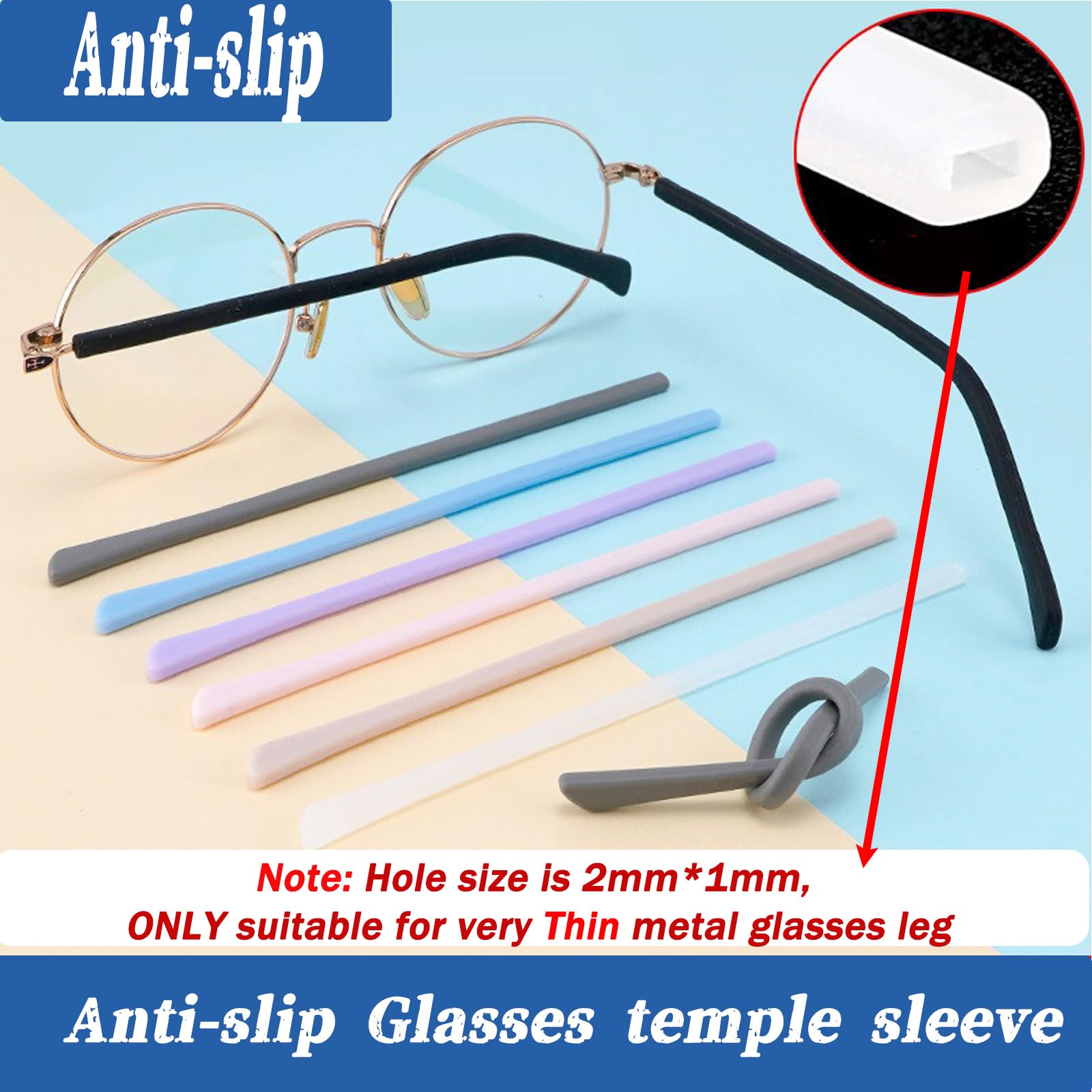 Close-up of long 130mm eyeglass end tips for thin metal glasses