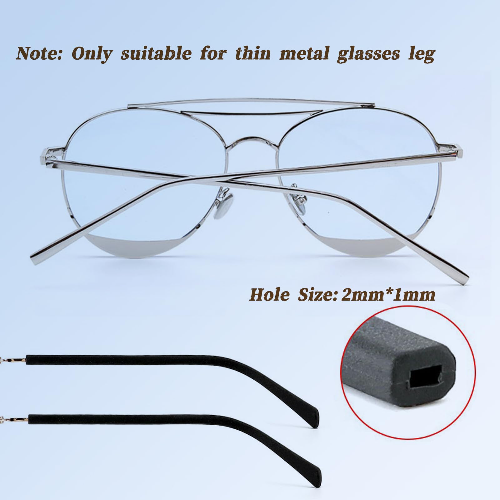 Two pairs of replacement eyeglass end tips included
